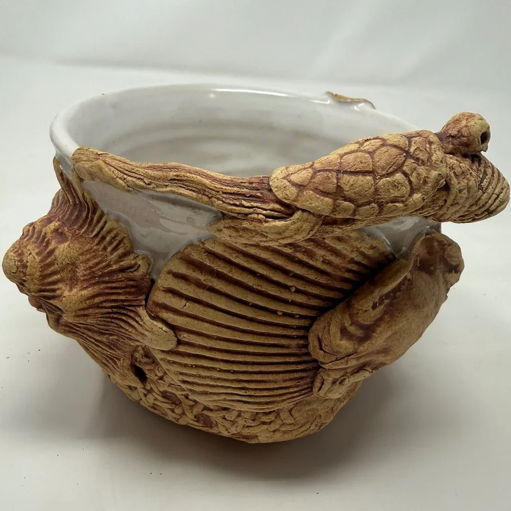 Karin Villareman Studio Pottery Sea Turtle Crab Shell Nautical Sculptural Bowl